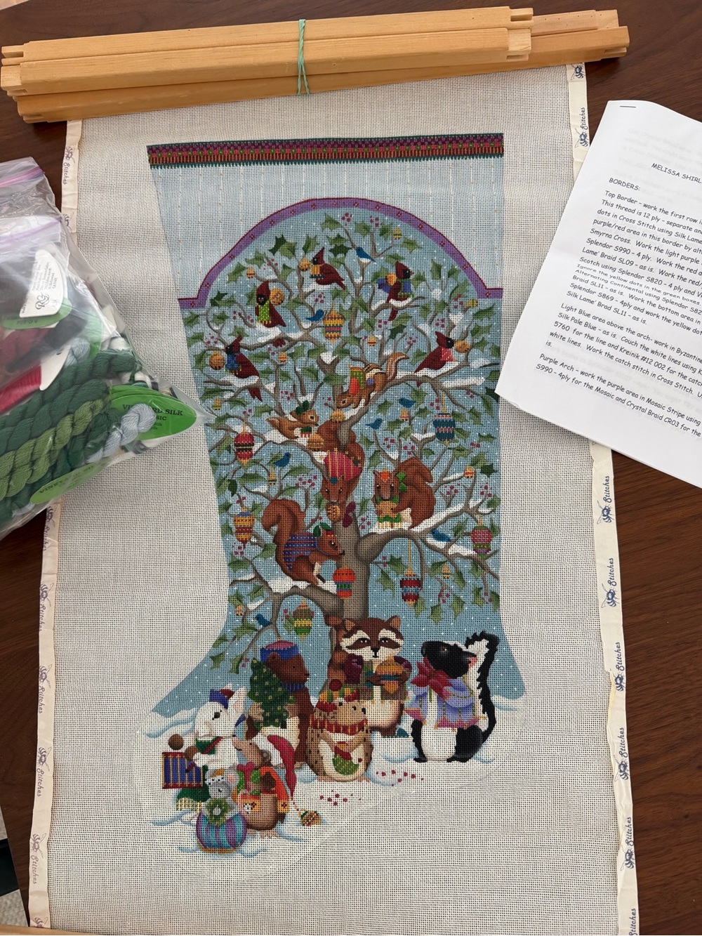 Needlepoint XL stocking- threads, guide and frame